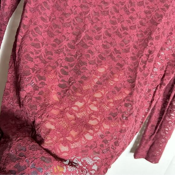 Soft Surroundings Sheer Floral Lace Maroon Scoop Neck Long Sleeve Blouse Medium - Picture 3 of 4